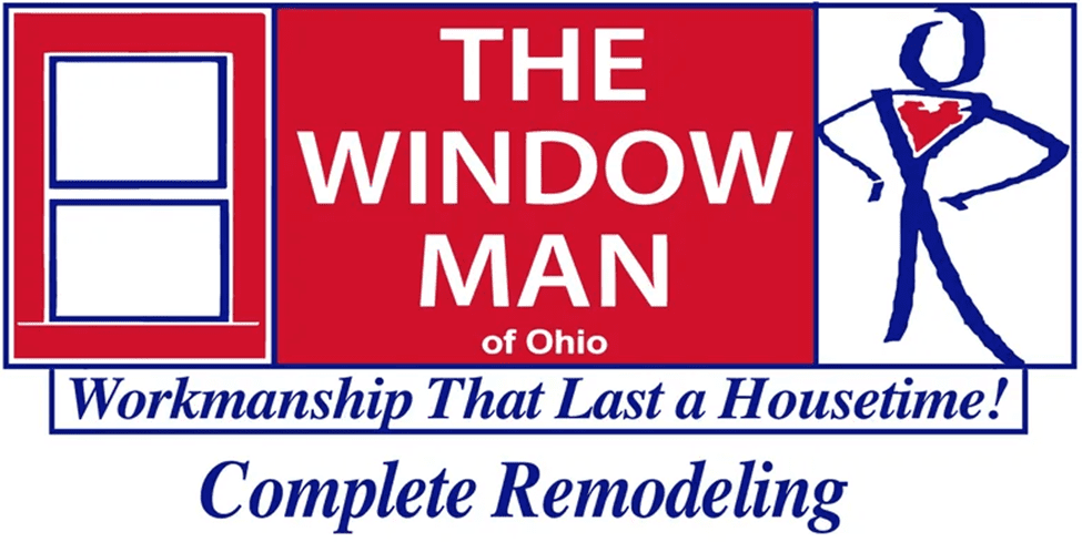 A red and white logo for the window man of ohio.