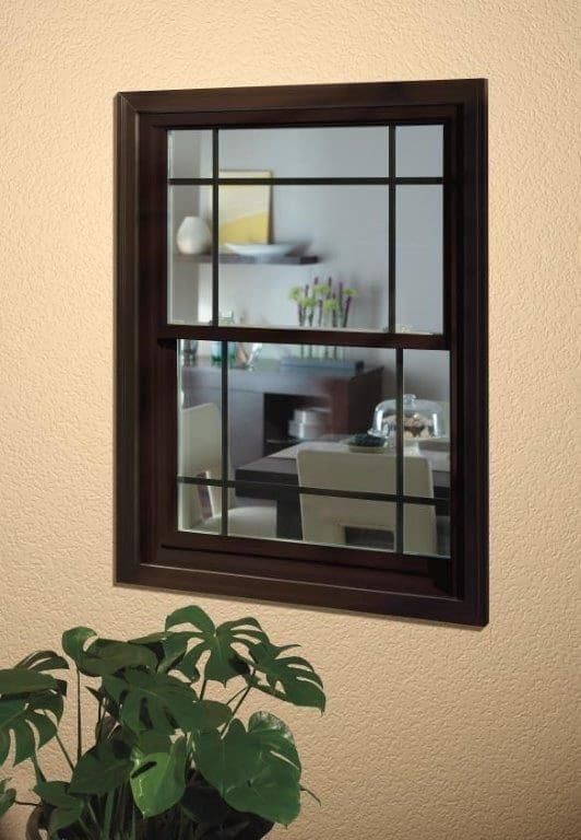 A mirror hanging on the wall above a plant.